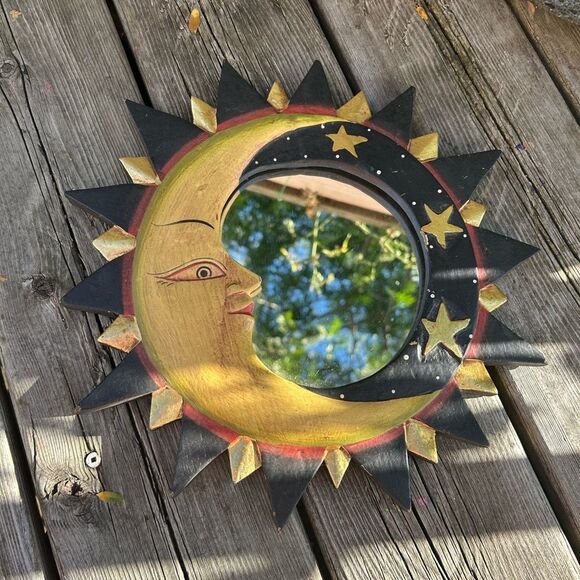 Vintage Wooden Celestial Sun, Moon and stars Wall Mirror from Indonesia 13" - Picture 9 of 16